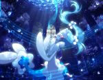  blue_theme commentary_request creature eyelashes full_body gen_7_pokemon long_hair maiko_(mimi) music musical_note no_humans open_mouth pokemon pokemon_(creature) primarina singing solo tagme tied_hair underwater water window 