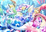  :d blue_eyes bubble commentary_request creature crown eye_contact eyelashes gen_1_pokemon gen_3_pokemon gen_7_pokemon happy looking_at_another maiko_(mimi) milotic no_humans ocean open_mouth pokemon pokemon_(creature) primarina purple_eyes seashell shell smile sparkle underwater vaporeon 