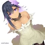  1girl ahoge arms_behind_back bangs bare_shoulders black_hair black_legwear braid breasts cleavage closed_mouth collarbone commentary_request dark_skin detached_collar detached_sleeves dress dutch_angle eyebrows_visible_through_hair flower grey_dress hair_flower hair_ornament long_hair looking_at_viewer medium_breasts multicolored_hair off-shoulder_dress off_shoulder original pantyhose purple_eyes purple_flower purple_hair simple_background single_hair_intake smile solo sts twin_braids twitter_username two-tone_hair white_background 