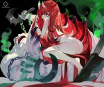  1girl 1other ass back bandages bangs barefoot blood blush cleaver eyepatch grandialee green_eyes green_nails highres holding holding_weapon horns long_hair nude open_mouth original pointy_ears red_hair sickle sitting teeth very_long_hair wariza weapon 