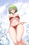  1girl bangs bare_shoulders belly bikini blue_sky breasts cloud collarbone commentary_request covered_nipples cowboy_shot day flower from_below green_hair hair_between_eyes hair_flower hair_ornament highres hip_focus kazami_yuuka knees large_breasts looking_down navel pink_lips red_bikini red_eyes shiny shiny_hair shiny_skin short_hair sky solo sparkle splashing stomach strapless strapless_bikini striped striped_bikini swimsuit thick_thighs thighs touhou wading wavy_hair y.u 