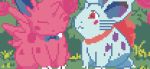  1boy 1girl animated animated_gif bow bowtie claws closed_eyes couple creature eye_contact flower gen_1_pokemon grass happy horn jrchair98 looking_at_another neck_ribbon nidoran no_humans pixel_art pokemon pokemon_(creature) red_eyes red_ribbon ribbon 