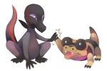 black_eyes claws commentary conmimi creature english_commentary eye_contact fangs full_body gen_5_pokemon gen_7_pokemon high_five looking_at_another no_humans pokemon pokemon_(creature) purple_eyes salandit sandile simple_background trait_connection white_background 
