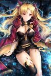  1girl asymmetrical_legwear asymmetrical_sleeves bangs between_breasts birdcage black_legwear black_leotard blonde_hair blush bow breasts cage cape closed_mouth detached_collar earrings ereshkigal_(fate/grand_order) fate/grand_order fate_(series) fur-trimmed_cape fur_trim gold_trim hair_bow hood hooded_cape hoop_earrings infinity jewelry large_breasts leotard long_hair looking_at_viewer necklace parted_bangs red_bow red_cape red_eyes rei_kun single_sleeve single_thighhigh sitting skull smile solo spine thighhighs tiara two_side_up 
