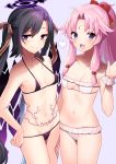  +_+ 2girls :d bikini black_bikini black_hair blush breasts chloe_(sennen_sensou_aigis) circlet hand_on_hip highres iris_(sennen_sensou_aigis) long_hair looking_at_viewer micro_bikini mizuki_eiru_(akagi_kurage) multiple_girls navel open_mouth pink_hair ponytail pubic_tattoo purple_eyes purple_hair sennen_sensou_aigis sidelocks small_breasts smile swimsuit tattoo twintails very_long_hair white_bikini 