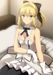  1girl ahoge artoria_pendragon_(all) bangs black_bow black_legwear black_ribbon blonde_hair blush bow breasts cleavage closed_mouth detached_collar dress fate/unlimited_codes fate_(series) gloves green_eyes hair_between_eyes hair_bow hera_(hara0742) highres long_hair neck_ribbon on_bed ponytail ribbon saber_lily sidelocks sitting small_breasts smile solo thighs white_dress white_gloves 