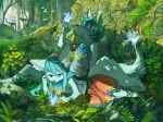  2017 4_fingers anthro bakawasima blue_eyes blush bottomwear canid canine clothed clothing digital_media_(artwork) digital_painting_(artwork) female fingers fluffy fluffy_tail forest fox fur green_hair hair hi_res kemono long_hair lying male mammal open_mouth open_smile sitting skirt smile snout tree 