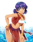  1girl bandeau bracelet breasts cleavage closed_mouth commentary_request dark_skin fushigi_no_umi_no_nadia green_eyes hair_ornament hairclip highres jewelry loincloth looking_at_viewer midriff nadia neck_ring necklace pelvic_curtain purple_hair short_hair smile solo strapless tubetop vest 
