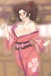  1girl archived_source areolae bare_shoulders blush bomb breasts brown_eyes brown_hair collarbone curvy embarrassed fuu hair_ornament highres japanese_clothes kimono looking_down medium_hair nipples open_clothes open_kimono open_mouth ponytail ribbon running samurai_champloo small_breasts solo sweatdrop tridisart wardrobe_malfunction 
