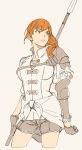  1girl 5plus5 absurdres bracelet breasts cowboy_shot expressionless eyebrows_visible_through_hair fire_emblem fire_emblem:_three_houses gloves grey_background highres jewelry lance leonie_pinelli medium_breasts orange_eyes orange_hair polearm shirt short_ponytail short_shorts shorts shoulder_armor simple_background solo spot_color thighs waistcoat weapon 