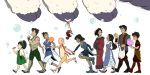  4girls 5boys aang absurdres alternate_costume anniversary appa asami_sato avatar:_the_last_airbender avatar_(series) bag bald black_hair bolin boots brown_hair bubble bubble_blowing cotton_candy dango dark_skin dress eating elbow_gloves everyone food gloves hair_ornament hairpin highres katara korra li_cree looking_at_another mako_(avatar) momo_(avatar) multiple_boys multiple_girls open_mouth pabu_(avatar) scar short_hair simple_background smile sokka the_legend_of_korra time_paradox toph_bei_fong wagashi walking zuko 