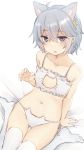  ahoge animal_ear_fluff animal_ears ass_visible_through_thighs bangs bare_arms bare_shoulders bed_sheet bra breasts cat_cutout cat_ear_panties cat_ears cat_lingerie cleavage_cutout collarbone eyebrows_visible_through_hair frilled_bra frills grey_eyes grey_hair hair_between_eyes hair_ornament highres looking_at_viewer meme_attire nagami_yuu navel no_shoes original panties parted_lips side-tie_panties sitting small_breasts thigh_gap thighhighs underwear underwear_only white_bra white_legwear white_panties 