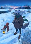  2017 anthro avian bakawasima beverage_can bird blonde_hair blush boots brown_eyes can canid canine canis clothed clothing cloud coat digital_media_(artwork) digital_painting_(artwork) duo earmuffs footprints footwear fur green_scarf hair half-closed_eyes hi_res kemono lantern looking_down mammal mountain narrowed_eyes outside plant river scarf scenery shoes sky snout snow standing star sunset topwear tree water wolf 