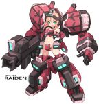  1girl :d bangs bare_shoulders black_gloves blush commentary_request detached_sleeves fingerless_gloves full_body gloves green_eyes groin hair_between_eyes hands_on_hips highres karukan_(monjya) light_brown_hair long_hair long_sleeves looking_at_viewer mecha_musume navel open_mouth parted_bangs personification red_legwear red_sleeves revealing_clothes sidelocks simple_background smile solo standing thighhighs v-shaped_eyebrows virtual_on white_background 