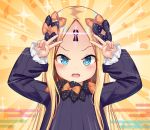  1girl abigail_williams_(fate/grand_order) arms_up bangs black_bow black_dress blonde_hair blue_eyes blush bow commentary_request double_v dress egasumi emotional_engine_-_full_drive fate/grand_order fate_(series) glowing hair_bow keyhole long_hair long_sleeves looking_at_viewer no_hat no_headwear open_mouth orange_bow parted_bangs polka_dot polka_dot_bow shimokirin sleeves_past_wrists solo sparkle v v-shaped_eyebrows 