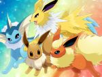 :d blue_eyes brown_eyes commentary_request creature eevee english_commentary eye_contact flareon gen_1_pokemon happy jolteon looking_at_another maiko_(mimi) no_humans open_mouth pokemon pokemon_(creature) purple_eyes rainbow_background smile spikes vaporeon walking 