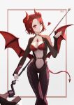  1girl absurdres black_nails blown_kiss breasts character_name cleavage collarbone demon_horns demon_tail demon_wings eichi_(skskdi12z) epis heart highres holding holding_weapon horns king&#039;s_raid large_breasts long_sleeves navel parted_lips red_eyes red_hair short_hair solo tail weapon wings 