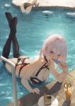  2girls absurdres bangs bikini black_bikini black_legwear breasts cirilla cleavage cup drinking_straw eyebrows_visible_through_hair food girls_frontline highres holding large_breasts multiple_girls open_mouth partially_submerged plate pool popsicle purple_eyes rpk-16_(girls_frontline) short_hair silver_hair swimsuit thighhighs water 