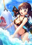  1girl bangs beach bikini black_bikini blue_sky blush breasts bullpup cloud day eyebrows_visible_through_hair girls_frontline groin gun hair_ribbon highres hyonee large_breasts long_hair navel ocean one_side_up open_mouth outdoors purple_hair red_eyes revision ribbon rifle sidelocks sky sniper_rifle solo splashing stomach swimsuit thighs very_long_hair wa2000_(girls_frontline) walther walther_wa_2000 weapon weapon_on_back 