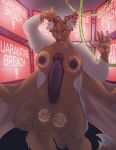  2019 absurd_res anthro balls big_balls big_breasts big_penis breasts brown_body brown_fur building chiropteran clothing coat detailed_background echoen english_text erection fur genitals gynomorph hi_res huge_balls huge_breasts huge_penis humanoid_genitalia humanoid_penis intersex lab_coat licking licking_glass mammal nipples nude otherworlds penis science smile solo text tongue tongue_out topwear wings 