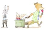  2019 anthro barefoot bibio bottomwear brown_body brown_fur canid canine clothed clothing cross-popping_vein disney fennec finnick food fox fully_clothed fur grey_body grey_fur group holding_food holding_object judy_hopps lagomorph leporid mammal necktie nick_wilde pants pawpsicle popsicle rabbit red_fox shirt simple_background tan_body tan_fur topwear vein walking white_background zootopia 