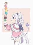  1girl blue_eyes blush brown_background capelet commentary_request curled_horns dragon_horns dress food frilled_capelet frills grey_background hair_ornament highres holding holding_food horns ice_cream ice_cream_cone kanna_kamui kobayashi-san_chi_no_maidragon long_hair long_sleeves looking_at_object looking_away low_twintails open_mouth outline outstretched_arms pikomarie pink_dress profile puffy_long_sleeves puffy_sleeves silver_hair solo thighhighs too_many too_many_scoops twintails two-tone_background very_long_hair white_capelet white_legwear white_outline 