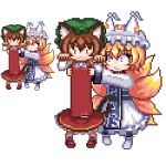  2girls animal_ears blonde_hair blush brown_hair cat_ears cat_tail chen commentary fox_ears fox_tail full_body hat holding_another lowres multiple_girls multiple_tails pillow_hat pixel_art short_hair smile tabard tail touhou two_tails unk_kyouso yakumo_ran 