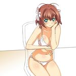  1girl a1 blue_eyes bra breasts brown_hair chair chin_rest cleavage kimi_ga_nozomu_eien large_breasts lingerie panties ribbon see-through short_hair sitting smile suzumiya_haruka underwear underwear_only white_panties 