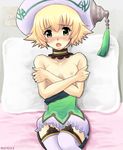  .hack//g.u. 1girl atoli_(.hack//) bed blonde_hair blush choker covering embarrassed flat_chest hat lowres mono96 open_mouth pillow short_hair sitting skirt solo thighhighs topless white_bloomers yellow_eyes 