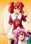  ahoge akashiya_moka bottomless fang green_eyes hair_ribbon highres kamoroosaazu multiple_girls no_panties pink_hair red_hair ribbon rosario+vampire school_uniform shuzen_kokoa thighhighs twintails 