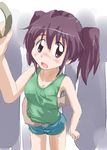  asou_natsumi blush breast_grab breasts brown_eyes brown_hair chikan commentary_request covered_nipples embarrassed grabbing green_tank_top hand_grip hand_under_clothes hand_under_shirt leaning_forward lifted_by_another molestation no_bra nose_blush open_mouth shirt shirt_lift short_shorts short_twintails shorts side_slit side_slit_shorts silhouette sketchbook_full_colors small_breasts solo_focus standing tanada-bon tank_top train_interior twintails 