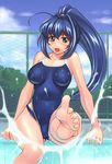  barefoot blue_eyes blue_hair breasts cameltoe competition_school_swimsuit covered_nipples feet hayase_mitsuki kimi_ga_nozomu_eien large_breasts long_hair one-piece_swimsuit ponytail pool soles solo swimsuit toes yasuomi 