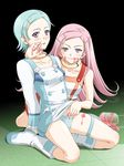  anemone_(eureka_seven) aqua_hair blue_hair blush boots collar duplicate eureka eureka_seven eureka_seven_(series) hair_ornament hairclip igul jam multiple_girls panties pink_hair purple_eyes skirt skirt_lift striped striped_panties thigh_strap underwear white_footwear yuri 