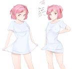  1girl :/ :t bangs bra_strap breast_conscious breasts covered_nipples cowboy_shot doki_doki_literature_club english_text eyebrows_visible_through_hair hair_ribbon highres kkyz13 looking_at_viewer multiple_views natsuki_(doki_doki_literature_club) pajamas_challenge panties panty_peek pink_eyes pink_hair pout red_ribbon ribbon shirt short_hair simple_background sketch small_breasts squiggle swept_bangs t-shirt taut_clothes taut_shirt two_side_up underwear white_background white_shirt 