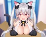  1girl animal_ear_fluff animal_ears bangs bare_shoulders bell black_bow blurry blurry_background blush bow box breasts cat_day cat_ears cat_girl cat_paws cat_tail cleavage eyebrows_visible_through_hair fang frown hair_between_eyes hair_bow highres in_box in_container jingle_bell large_breasts long_hair looking_at_viewer open_mouth original paws red_eyes shimashima08123 sidelocks silver_hair slit_pupils solo tail two_side_up very_long_hair 