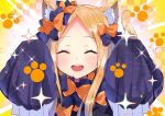  1girl abigail_williams_(fate/grand_order) akirannu animal_ear_fluff animal_ears bangs black_bow blonde_hair bow cat_ears cat_tail closed_eyes commentary_request fate/grand_order fate_(series) hair_bow long_hair looking_at_viewer multiple_bows orange_bow parted_bangs sei_shounagon_(fate) sleeves_past_fingers sleeves_past_wrists solo tail upper_teeth 