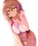  1girl ass_visible_through_thighs blush breasts brown_hair cleavage closed_mouth collarbone competition_swimsuit green_eyes hair_between_eyes hand_on_own_cheek highres kantai_collection kurokoshou_(emuburemu123) large_breasts leaning_forward messy_hair mutsu_(kantai_collection) one-piece_swimsuit pink_swimsuit short_hair simple_background smile solo swimsuit wet white_background 