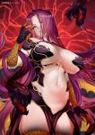  1girl bangs breasts bustier claws fangs fate/grand_order fate_(series) forehead gorgon_(fate) hair_intakes highres large_breasts long_hair looking_at_viewer monster_girl navel parted_bangs parted_lips purple_eyes purple_hair red_background scales slit_pupils snake_hair solo thighs very_long_hair zasshu 
