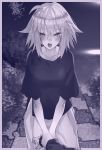  1girl :o ahoge blush border breasts bush fate/grand_order fate_(series) grey_border highres jeanne_d&#039;arc_(alter)_(fate) jeanne_d&#039;arc_(fate)_(all) large_breasts long_skirt mithurugi-sugar monochrome pov pov_hands shirt short_hair short_sleeves skirt solo_focus wrist_grab 