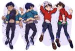  2boys absurdres beanie black_shirt blue_hair blue_jacket blush brown_eyes brown_hair butt_crack covering covering_ass dakimakura dark_skin dark_skinned_male fur_trim grey_headwear hat highres hop_(pokemon) jacket male_focus masaru_(pokemon) multiple_boys navel on_bed parted_lips pokemon pokemon_(game) pokemon_sm red_shirt shirt yellow_eyes 