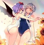  2girls against_wall ahoge ass bangs bare_arms bare_shoulders bat_wings blue_eyes blue_swimsuit blush braid breasts collarbone competition_swimsuit covered_navel eye_contact eyebrows_visible_through_hair fang flower groin hair_between_eyes hair_ribbon heart heart-shaped_pupils index_finger_raised izayoi_sakuya kirero lavender_hair looking_at_another medium_breasts multiple_girls one-piece_swimsuit open_mouth petals red_eyes red_ribbon remilia_scarlet ribbon shiny shiny_hair shiny_skin short_hair silver_hair small_breasts standing sunflower swimsuit symbol-shaped_pupils thigh_gap thighs touhou towel towel_around_neck twin_braids twitter_username white_swimsuit wings 
