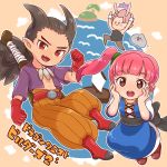  1boy 1girl black_hair breasts brown_eyes commentary_request dragon_quest dragon_quest_builders_2 dress gloves highres long_hair looking_at_viewer open_mouth pink_hair pointy_ears ruru_(dqb2) side_ponytail sidoh_(dqb2) smile 