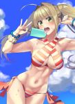  1girl ahoge bikini blonde_hair blush breasts cleavage criss-cross_halter fate/grand_order fate_(series) green_eyes halterneck large_breasts long_hair looking_at_viewer navel nero_claudius_(fate)_(all) nero_claudius_(swimsuit_caster)_(fate) solo striped striped_bikini swimsuit torimahera twintails 