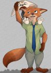  2019 anthro bottomwear canid canine carrying clothed clothing disney duo fennec finnick fox fully_clothed fur grey_background mammal necktie nick_wilde on_shoulders orange_body orange_fur pants piberius_w red_fox shirt simple_background topwear zootopia 