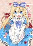  1boy :d absurdres alice_(wonderland) alice_(wonderland)_(cosplay) alice_in_wonderland apron blonde_hair blue_eyes bow card cosplay dress english_text flower frilled_dress frills hair_bow highres mahiro_(n41324) male_focus midare_toushirou open_mouth otoko_no_ko petals playing_card red_flower red_rose rose smile touken_ranbu 