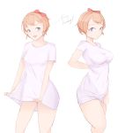  1girl :d blue_eyes bow breasts cowboy_shot doki_doki_literature_club english_text hair_bow highres kkyz13 lifted_by_self light_brown_hair looking_at_viewer medium_breasts multiple_views open_mouth pajamas_challenge red_bow sayori_(doki_doki_literature_club) shirt shirt_lift short_hair simple_background sketch smile t-shirt taut_clothes taut_shirt white_background white_shirt 