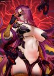  1girl bangs breasts bustier claws domino_mask fangs fate/grand_order fate_(series) forehead gorgon_(fate) hair_intakes highres large_breasts long_hair mask monster_girl navel parted_bangs parted_lips purple_hair red_background scales snake_hair solo thighs very_long_hair zasshu 