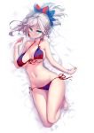  1girl absurdres aqua_eyes bare_legs bare_shoulders barefoot bed_sheet bikini blush breasts earrings fate/grand_order fate_(series) front-tie_bikini front-tie_top full_body groin hair_ornament halterneck highres hip_focus hong_(white_spider) jewelry large_breasts long_hair looking_at_viewer lying miyamoto_musashi_(fate/grand_order) navel paid_reward parted_lips patreon_reward ponytail purple_bikini side-tie_bikini sidelocks silver_hair skindentation solo swimsuit wristband 