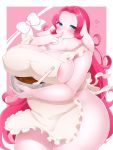  &lt;3 3:4 anthro apron apron_only areola big_breasts blush breasts candy chest_tuft chocolate cleavage clothed clothing female food fur hi_res huge_breasts looking_at_viewer mammal mostly_nude nipple_outline pink_body pink_fur sakuragi slightly_chubby solo tuft 