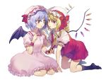  2girls ascot bangs bat_wings black_legwear blonde_hair blue_hair blush bow crystal dress eye_contact eyebrows_visible_through_hair flandre_scarlet food food_in_mouth frilled_shirt_collar frills hair_between_eyes hand_on_another&#039;s_shoulder hand_up hat hat_bow hat_ribbon highres holding holding_food incest kneehighs kneeling long_hair looking_at_another miniskirt misha_(hoongju) mob_cap mouth_hold multiple_girls one_side_up parted_lips pink_dress pink_headwear pleated_skirt pocky puffy_short_sleeves puffy_sleeves red_bow red_eyes red_ribbon red_skirt red_vest remilia_scarlet ribbon seiza short_hair short_sleeves simple_background sitting skirt skirt_set touhou vest white_background white_headwear wings wrist_cuffs yellow_neckwear yuri 